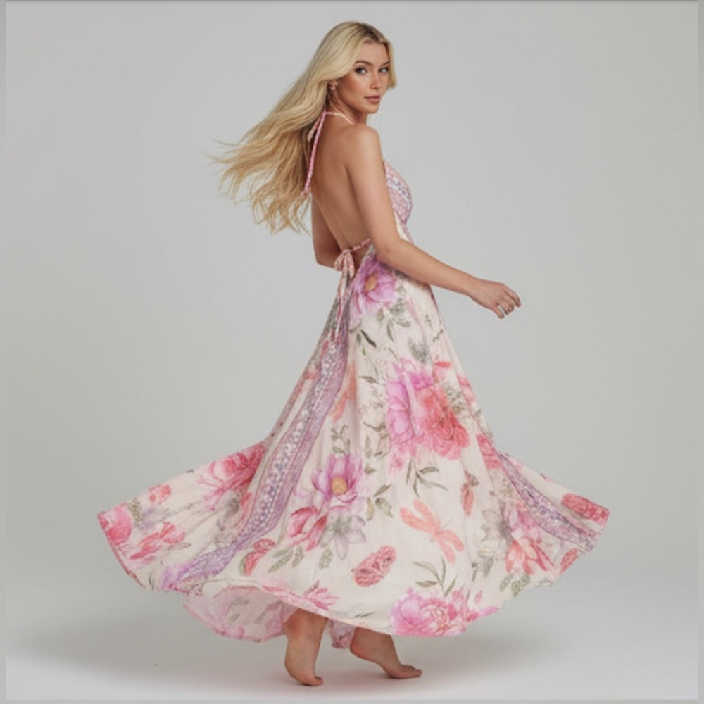 Boho Pink Floral Halter V- Neck Maxi Dress Low Back - Picture 4 of 12